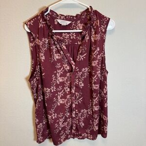 Market & Spruce XXL Floral Print Sleeveless Blouse Top Ruffle Neck Burgundy